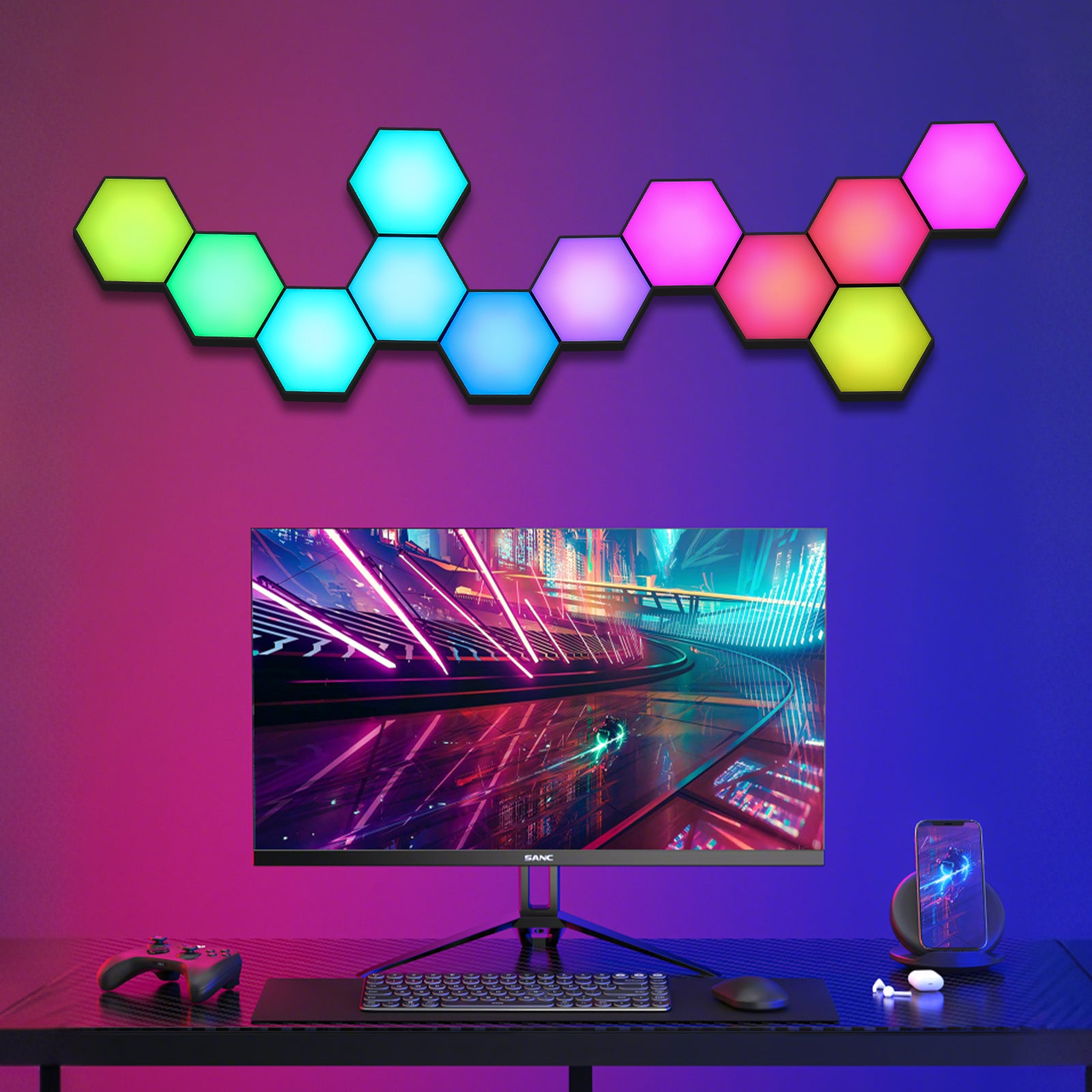 quntis-gaming-rgb-hexagon-wandlampe-6-panels-bluetooth image 1