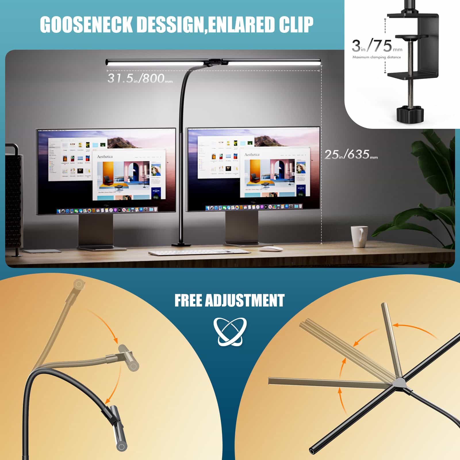 quntis-studio-schreibtischlampe-doppelkopf-dimmbar-mit-klemme-eu image 5